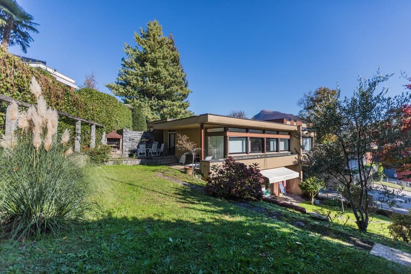 Modern house, brown stone, white windows, surrounded by greenery, view of mountains