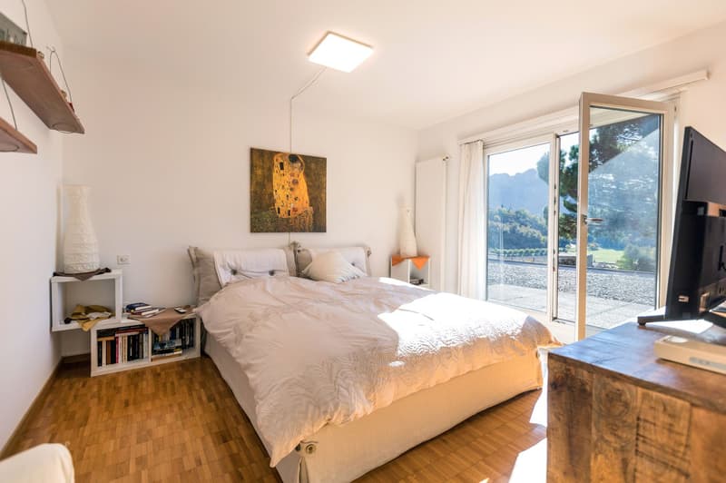 Large bed, pillows, blankets, bookshelves, painting, sliding glass doors, balcony, television