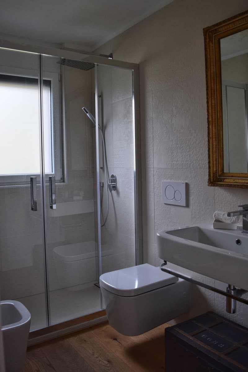 shower cubicle, sink, mirror, toilet, bidet