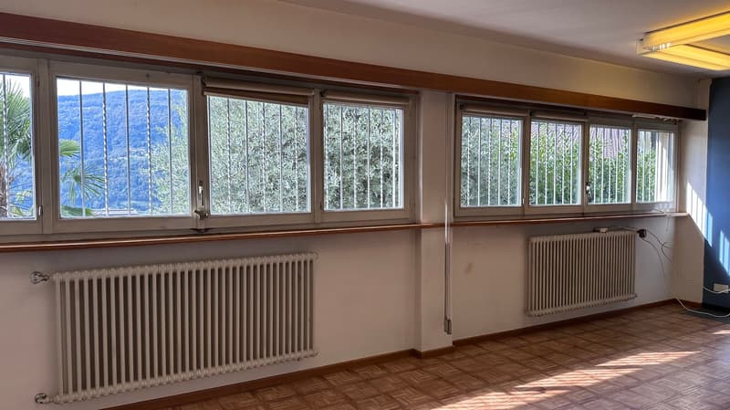 Large room with floor-to-ceiling windows offering a scenic view of the surrounding landscape. The room has wooden trim and radiators along the walls, and a hardwood floor.