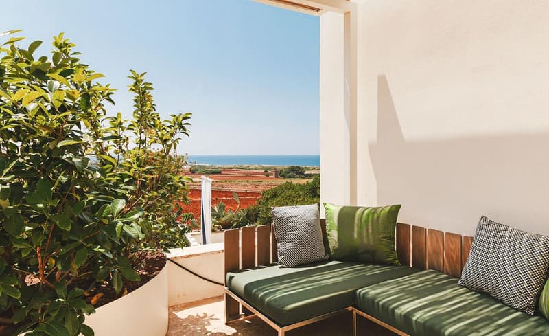 Balcony with a view of the ocean, green sofa with cushions, plants