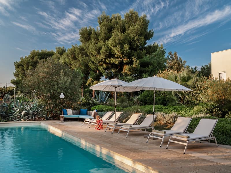 Outdoor area with a swimming pool, lounge chairs, umbrellas, and a bench