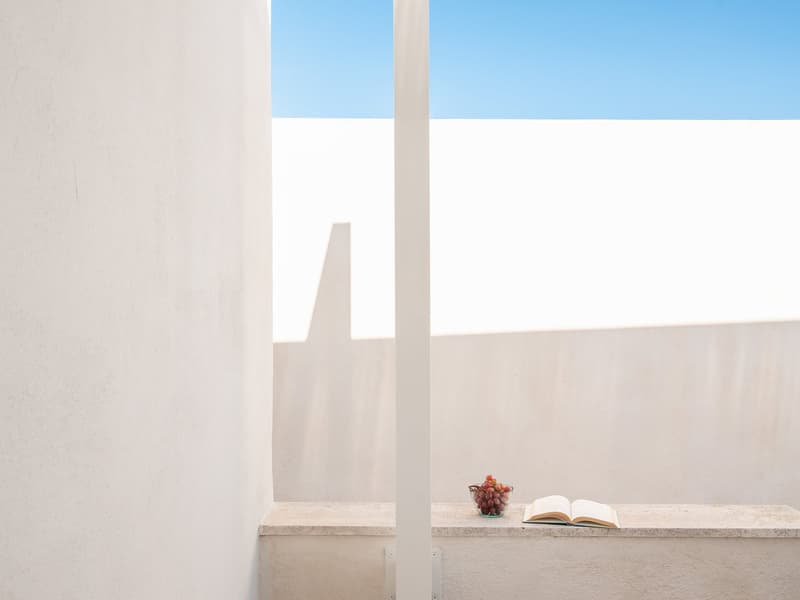 white walls, concrete floor, open balcony, bowl of grapes, open book