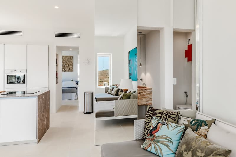 modern design, white walls, open kitchen, living room with sofa, dining area, bedroom with bed, window with view