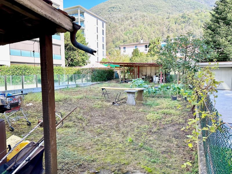 small garden with a table, a chair, a metal fence, and several plants and trees