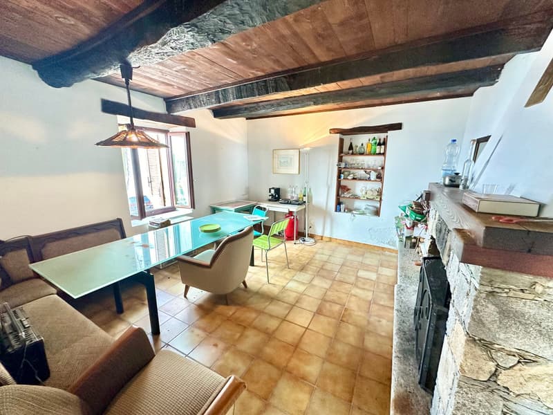 Dining room with a glass table, chairs, a couch, a shelf with bottles, a fireplace, and a lamp