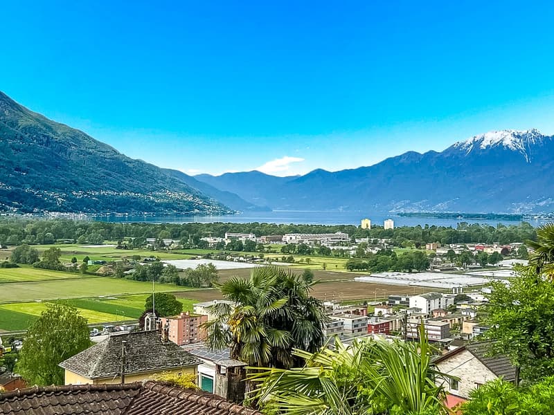 Aerial view of mountains, green fields, lake, and houses