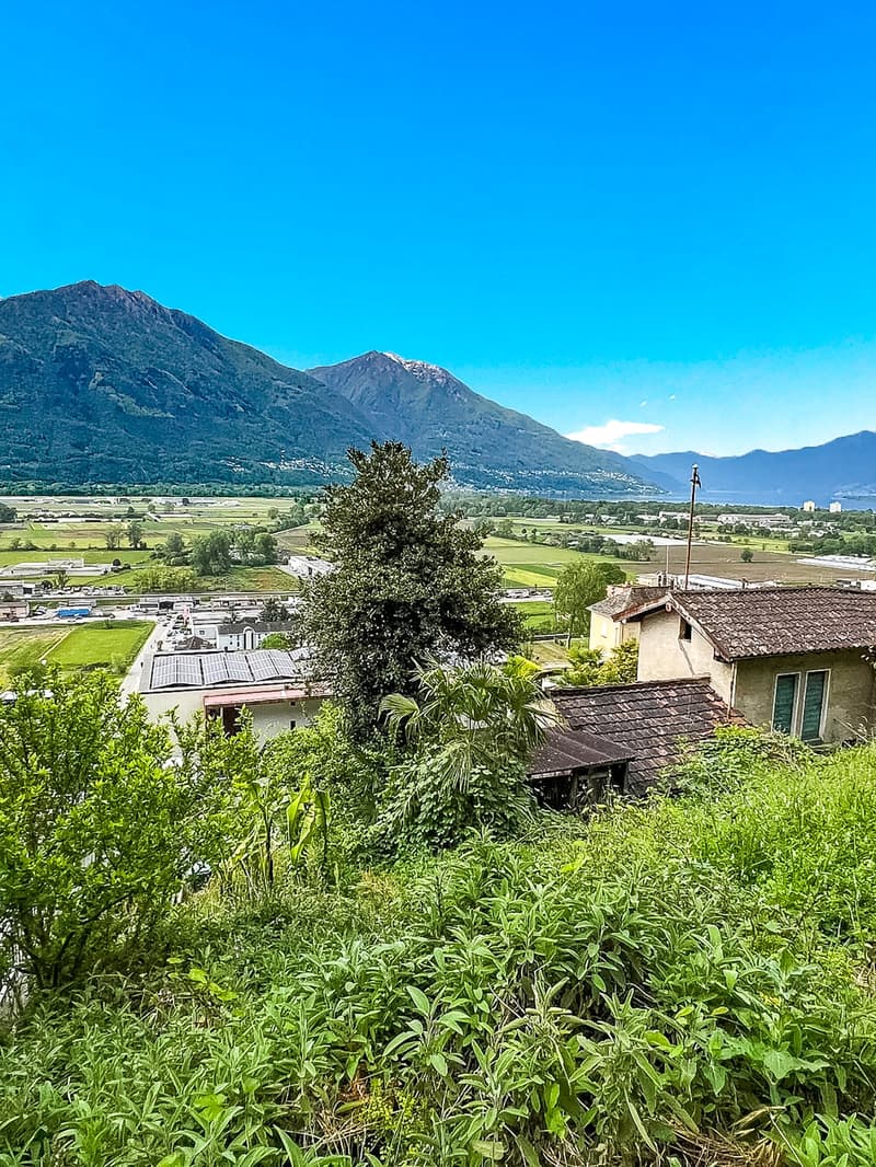 Green mountains, valley, houses, and trees.