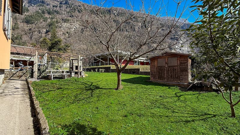 Rustic wooden cabin surrounded by a lush green lawn, with a covered patio area and a detached wooden structure, likely a storage shed or garage. The property is nestled in a mountainous, forested area with bare trees in the background.