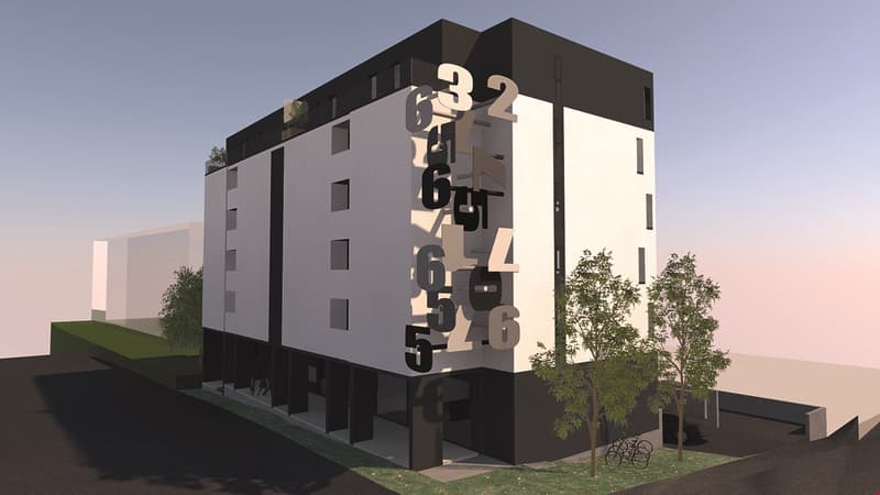 A modern multi-story building with a large numerical display on the facade. The building has a minimalist, geometric design with black and white colors. There appears to be a parking area or space in front of the building.