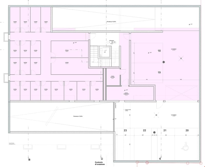The floor plan shows a building with multiple rooms, including a cunicolo di visione (likely a storage or utility room), a laundry room, and several other rooms labeled as 'cantina' (cellar or storage room). The building also has a garage and parking spac