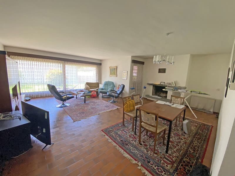 Spacious living room with hardwood floors, large windows, comfortable seating area with armchairs and a sofa, dining table, and various decor items.