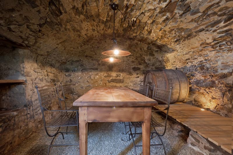 A rustic cellar with stone walls, a wooden table, chairs, and barrels, illuminated by a hanging light fixture.