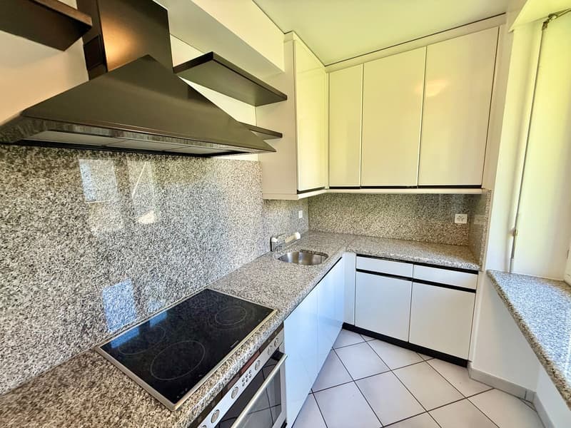 White cabinetry, granite countertops, induction hob, stainless steel sink, built-in oven, modern lighting, power outlets on wall