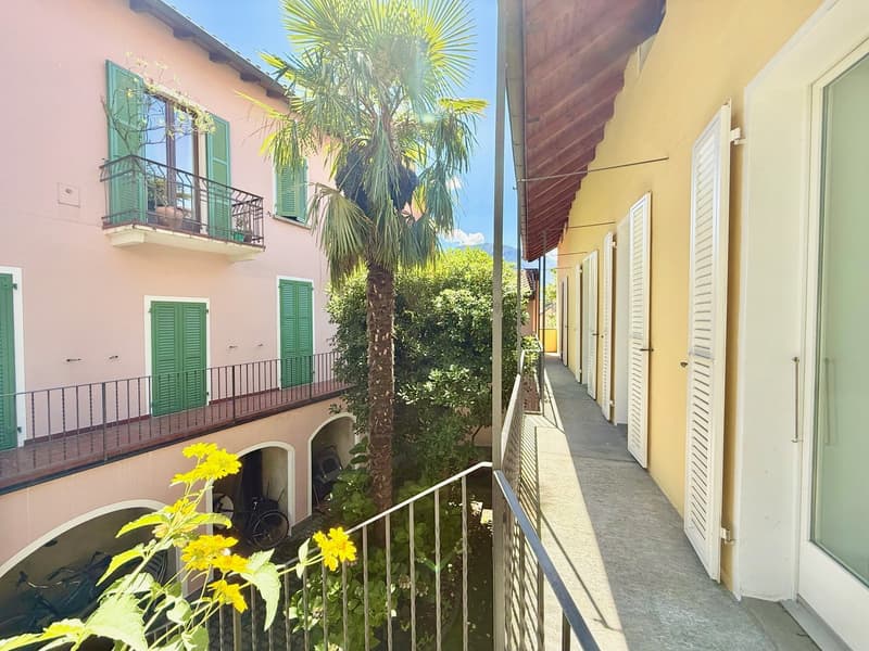 Pink building with green shutters, balconies, and a palm tree in the courtyard.