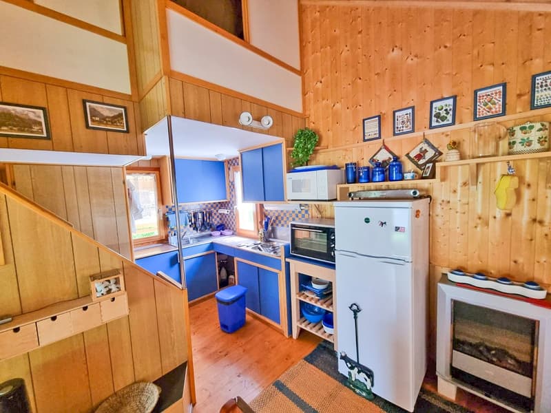 modern kitchen, blue cabinets, white refrigerator, wooden wall, sink, microwave, oven, plant, trash bin, basket, fireplace