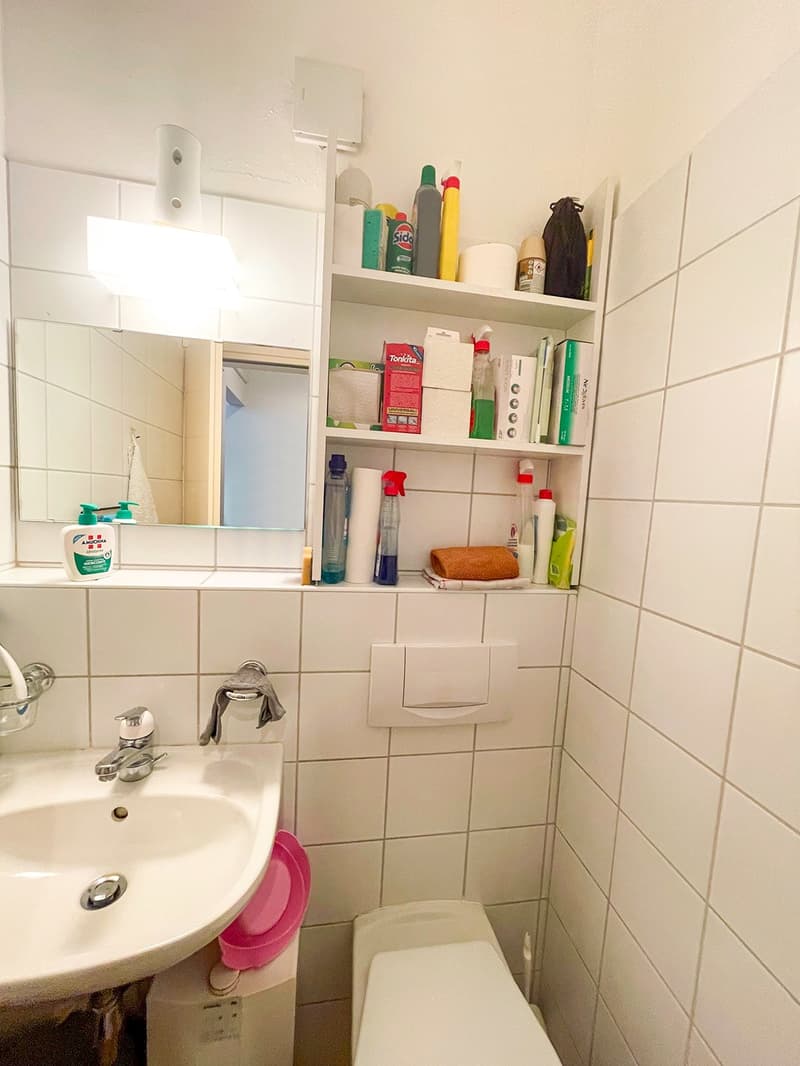 white tiled walls, white sink, mirror, toilet, shelves with various items