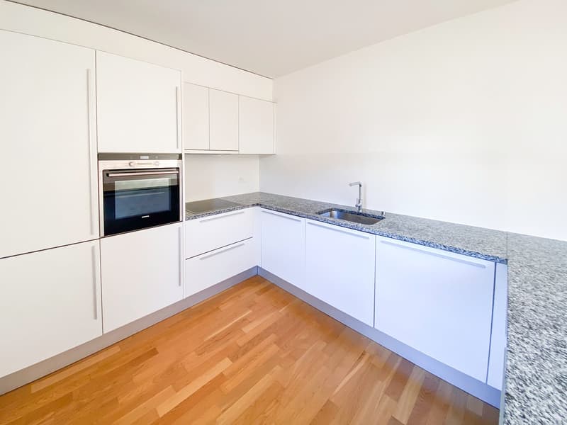 modern kitchen with white cabinets, granite countertops, stainless steel sink, oven, dishwasher, wooden floor