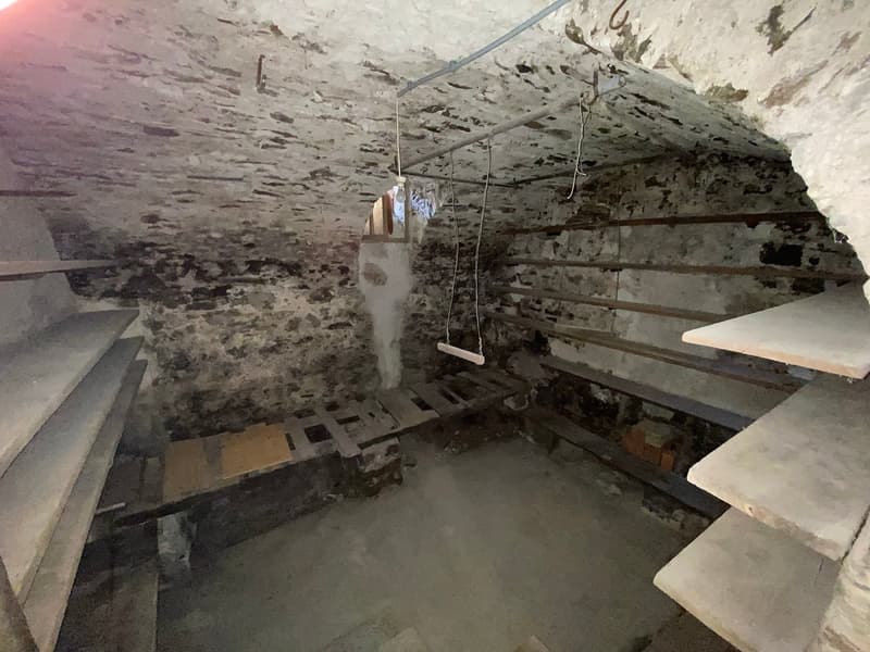 Stone walls, metal shelves, bare shelves, single light fixture, concrete floor, small window