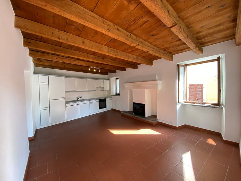 Open room with wooden ceiling, fireplace, kitchen area with sink and oven, large window