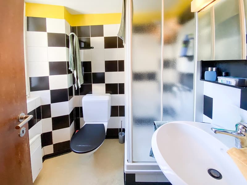 black and white checkered walls, walk-in shower, modern toilet, white sink, white flooring