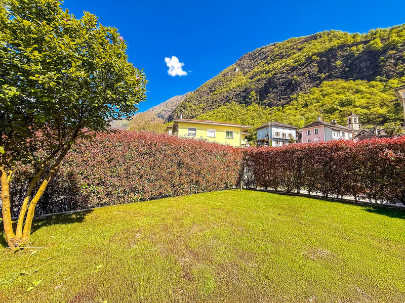 large manicured lawn with well trimmed bushes, background of a mountain with yellow and pink buildings