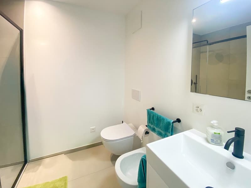 modern bathroom with white walls, white tiles, modern toilet, shower enclosure, white sink with faucet, mirror, bidet, towel holder, towels, toilet paper, soap dispenser
