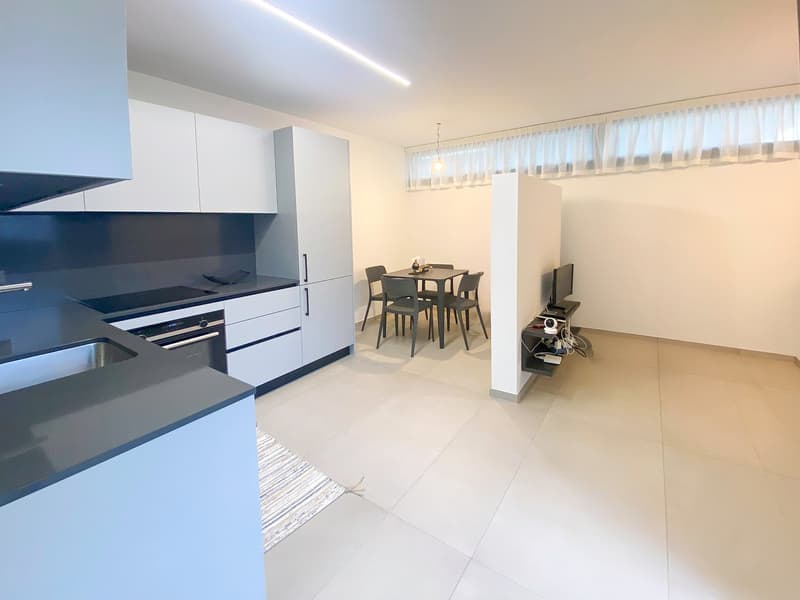modern kitchen with white cabinets, gray countertops, integrated appliances, dining table, TV, open space