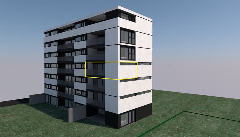 Modern apartment building with 5 floors, multiple balconies, and a highlighted third-floor balcony