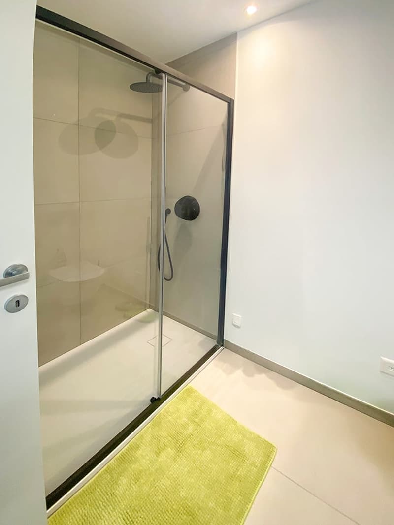 shower enclosure, modern shower head, green rug, white tiles, white toilet