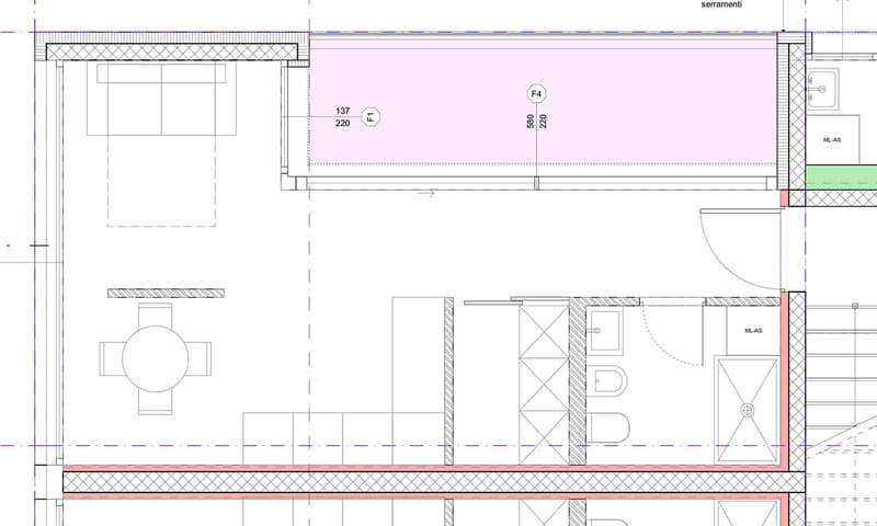 Floor plan of an apartment, two bedrooms, kitchen, bathroom, balcony, pool