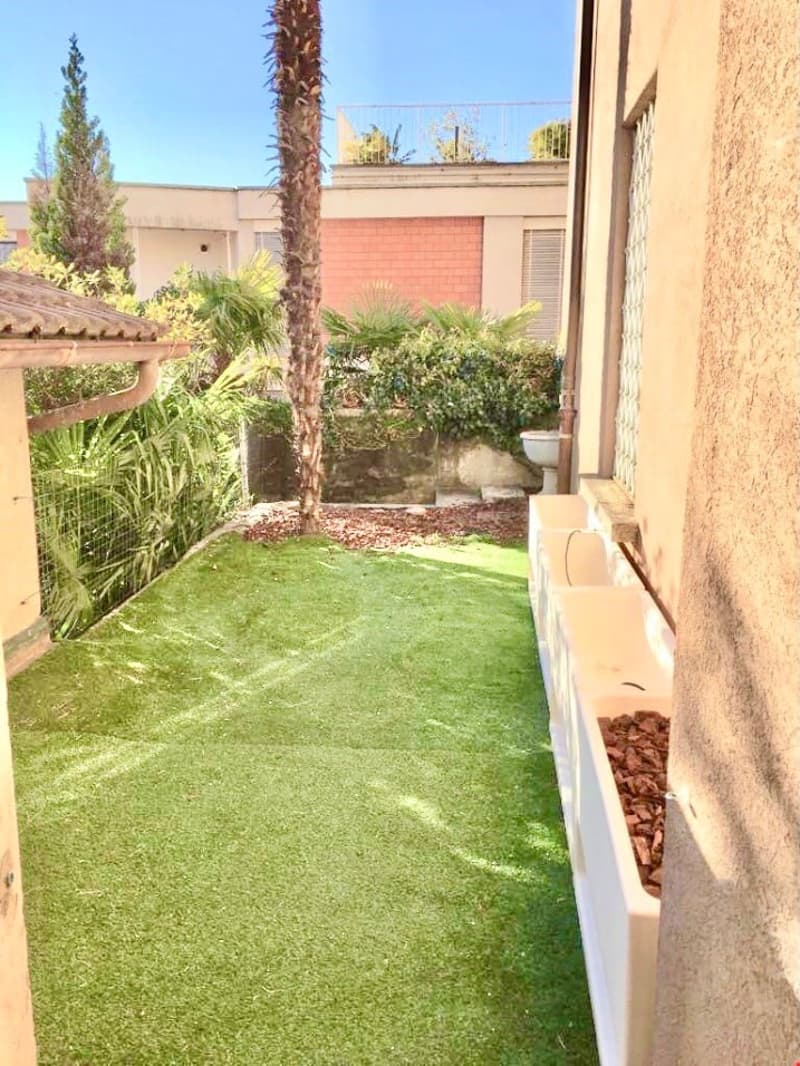 artificial grass, garden beds, palm tree, shrubs, fence, outdoor toilet