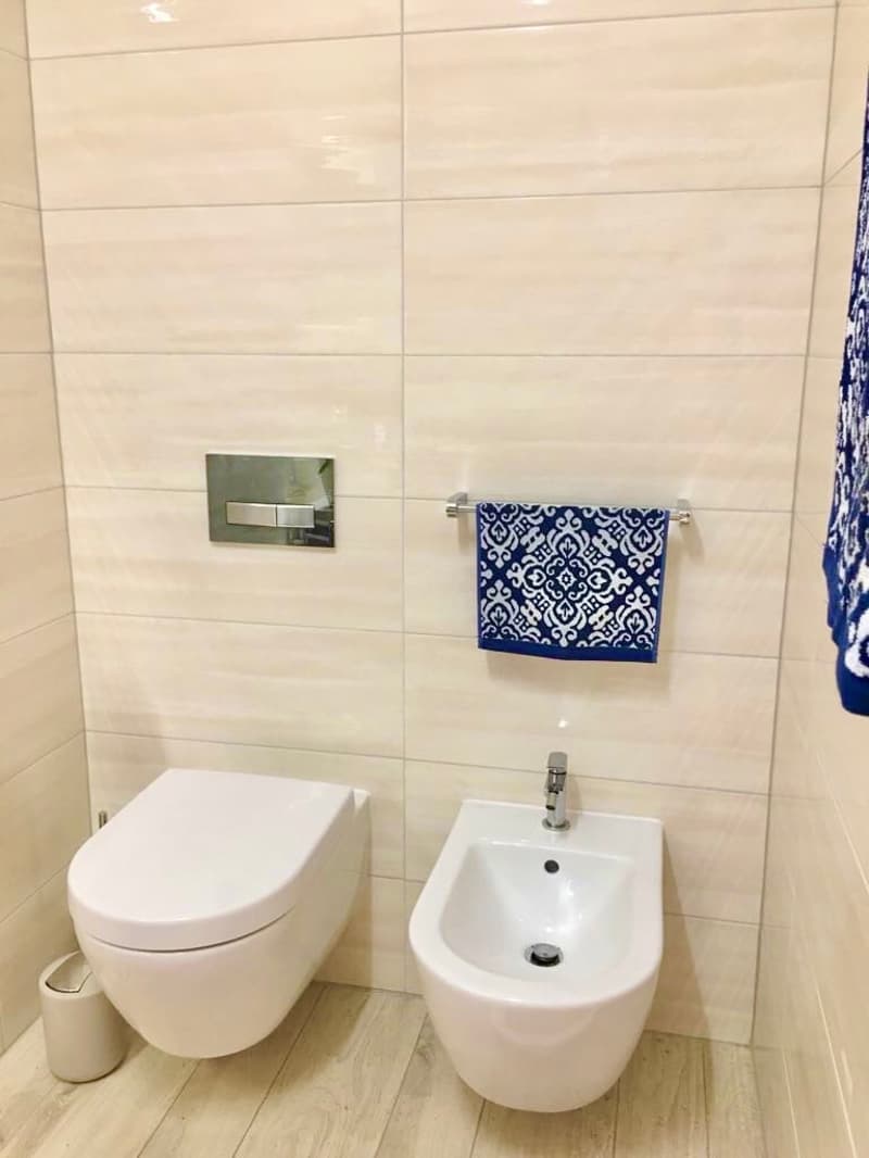 white ceramic toilet bowl, small urinal, white washbasin, white wall tiles, small tissue box, blue towel