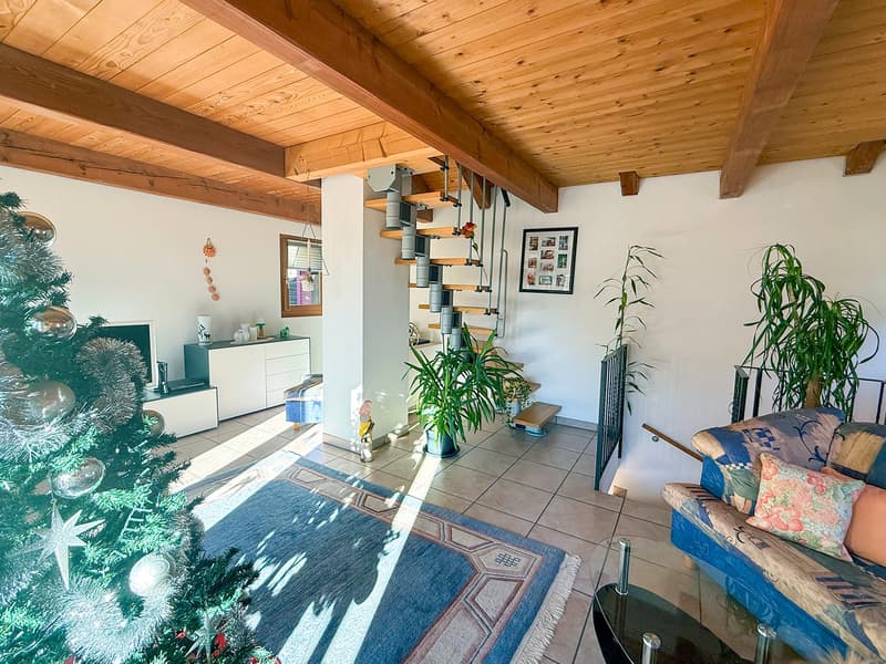 wooden ceiling, staircase, couch, carpet, plants, Christmas tree