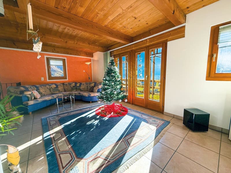 tiled floor, large sofa, Christmas tree, large rug, large windows, wooden ceiling