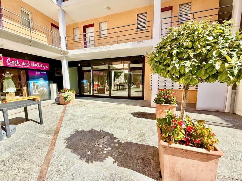 Apartment building entrance, balcony with railing, glass doors, greenery with flowering plants