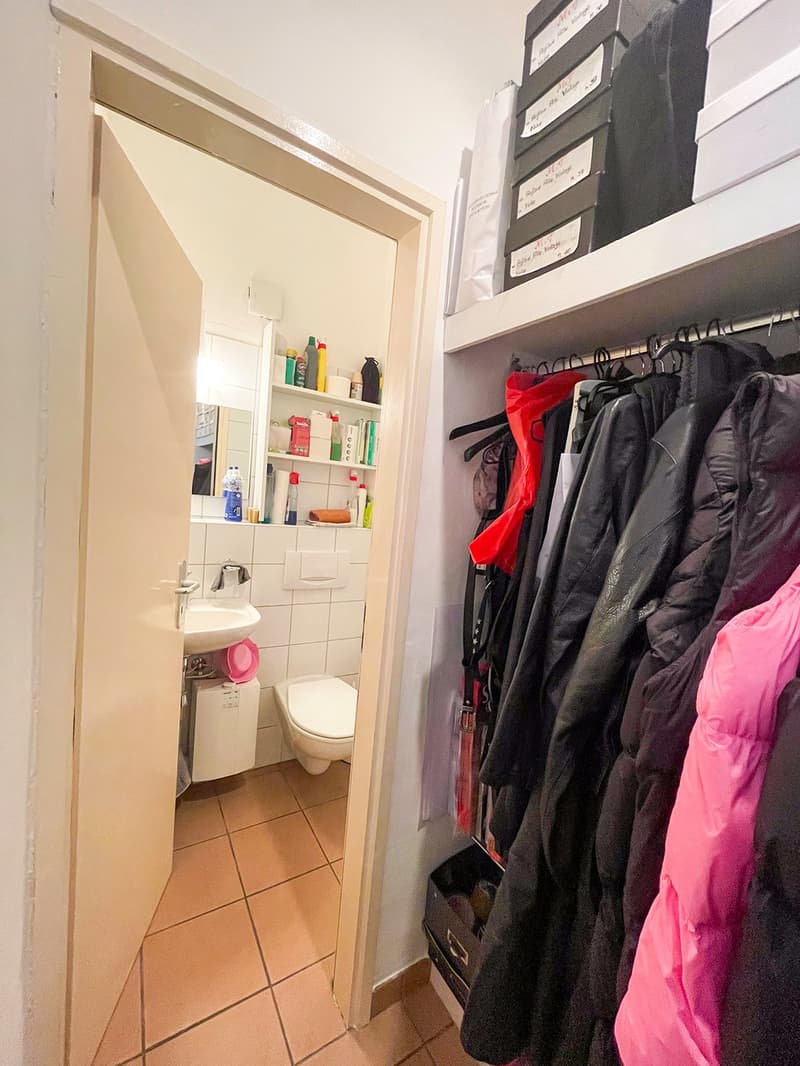 A bathroom with a toilet, sink, and shelves with storage boxes and items