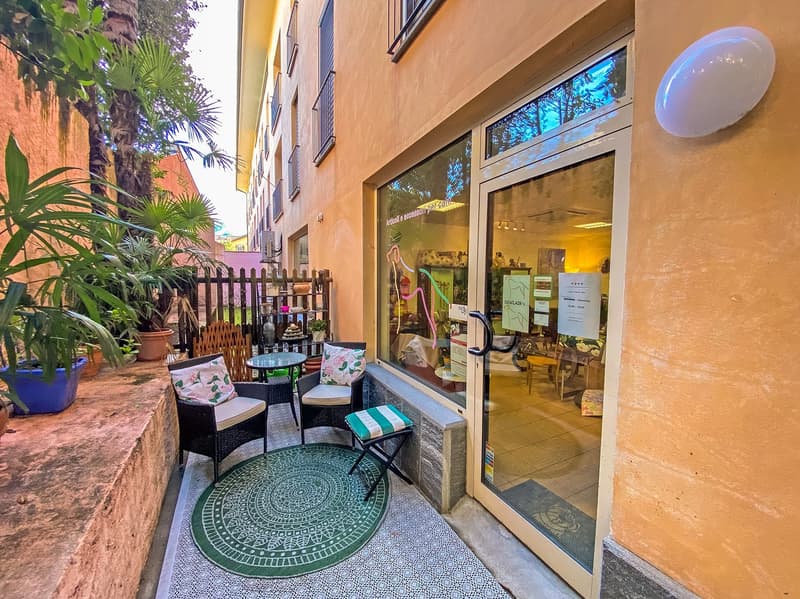 small courtyard, two outdoor chairs with pillows, small round table, green rug, large tree