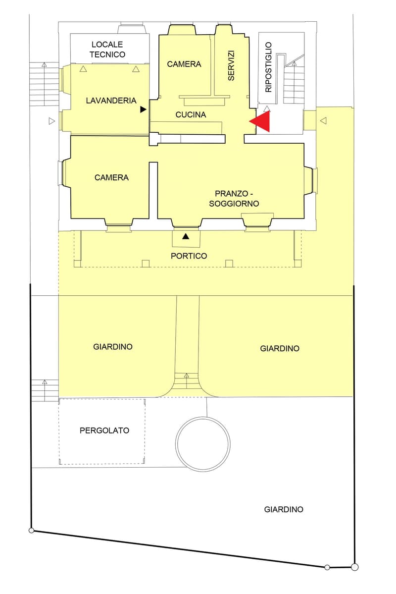 Dining room, kitchen, two bedrooms, bathroom, technical room, laundry room, resting area, stairwell, porch