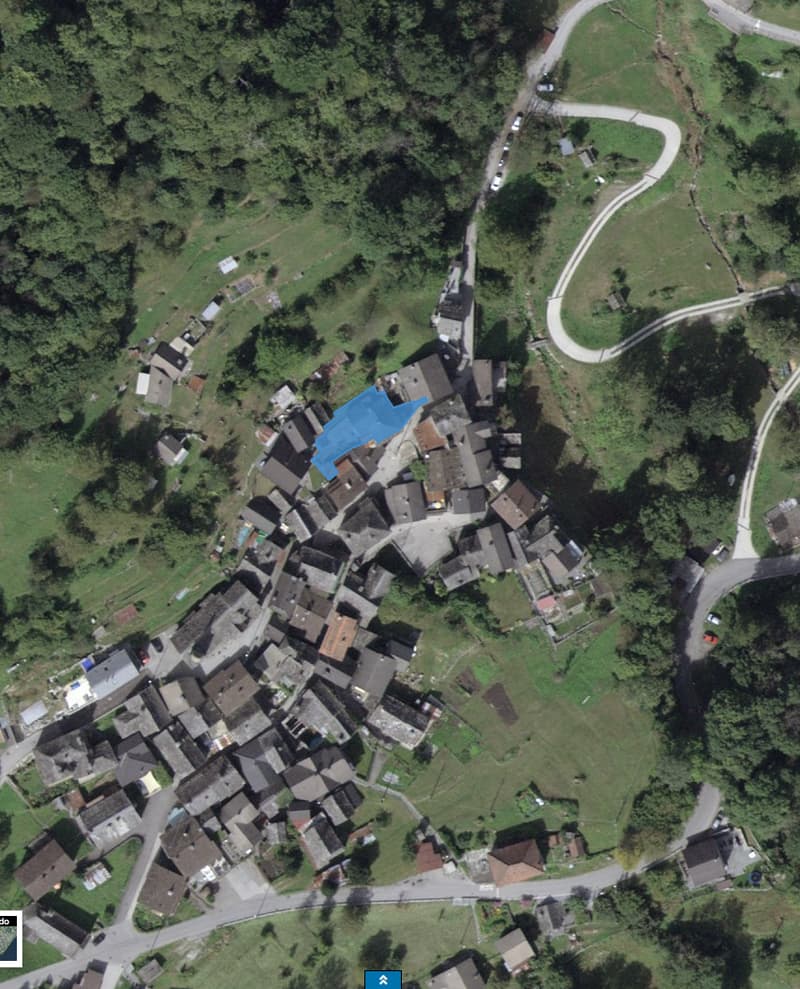 Village with several buildings, surrounded by trees and grass.