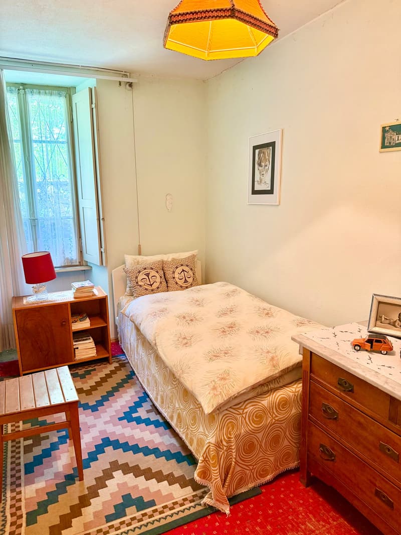 single bed, wooden cabinet, lamp, framed picture, rug