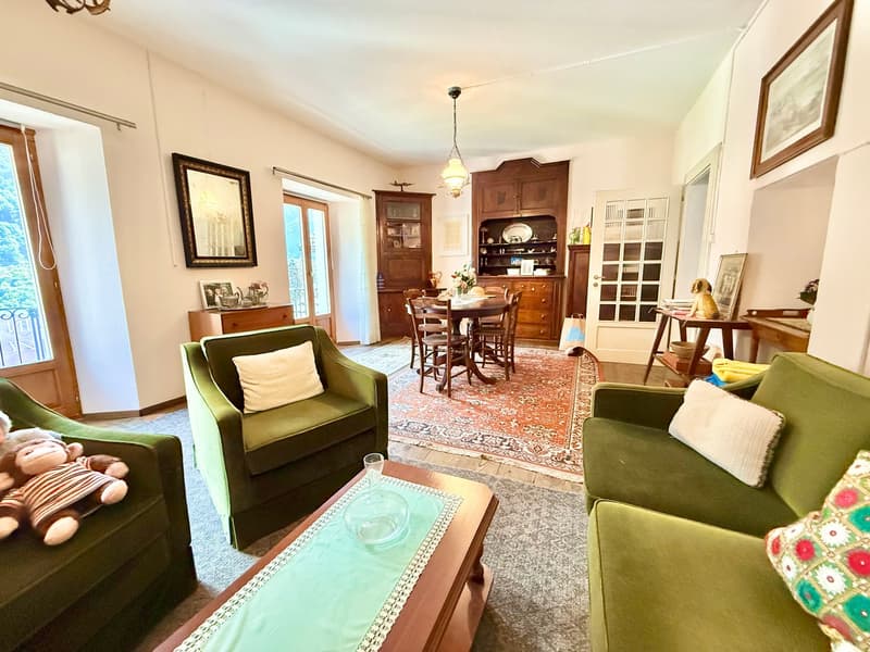 2 green armchairs, table with glass centerpiece, red carpet, wooden dining table, cabinets, and dining chairs.