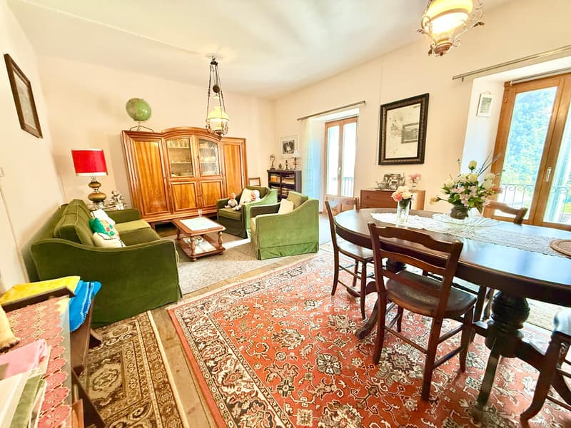 Green sofa, round dining table, cabinet, wooden chairs, glass cabinet, lamp, flower vase