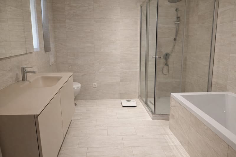 Bathroom with sink, mirror, toilet, bathtub, and walk-in shower