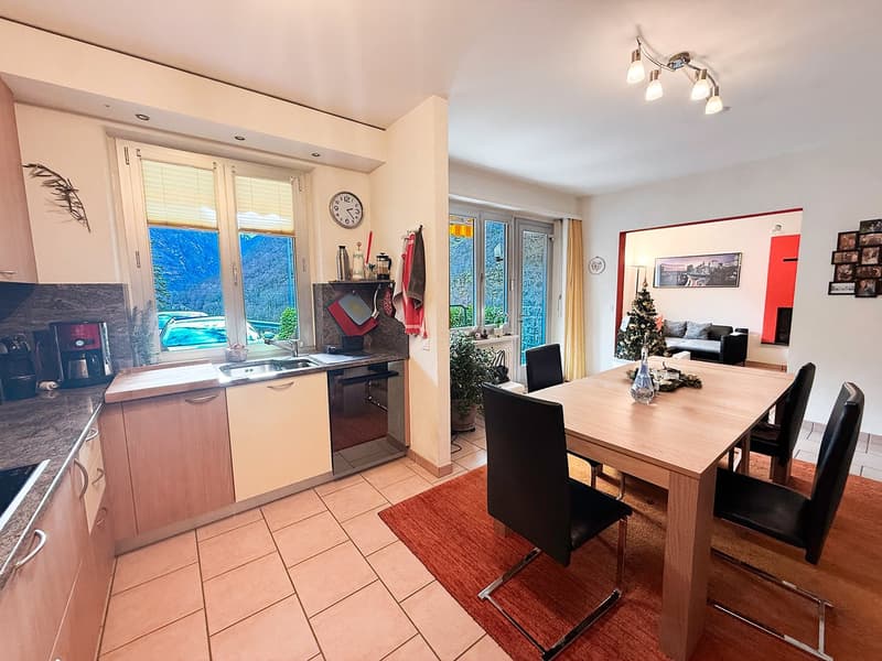 Modern kitchen with countertops, cabinets, sink, dishwasher, built-in appliances, dining table, chairs, rug, clock, calendar, mounted frames, potted plant, Christmas tree.
