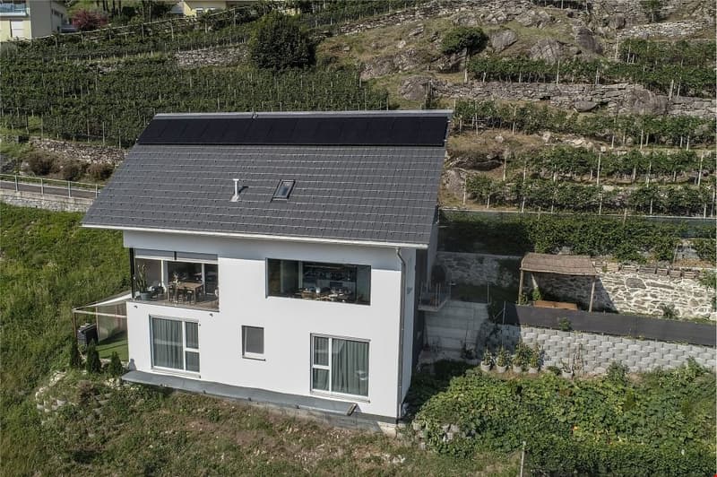 Detached house, 2 storeys, grey roof, solar panels, terrace, white walls, garden