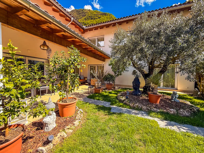 House front yard with grass, plants, and trees; outdoor seating area with glass door