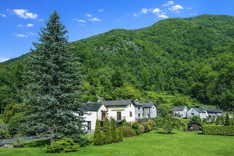 Multiple stone houses set against a mountainous backdrop, surrounded by lush greenery