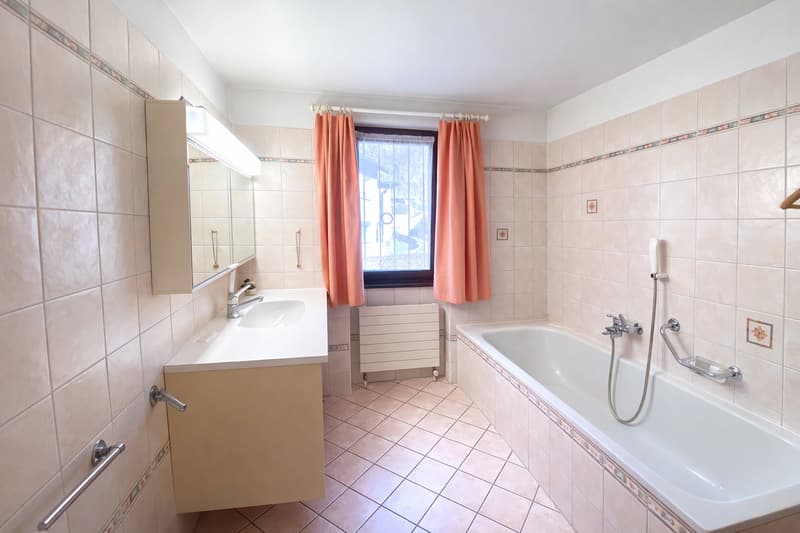 Bathroom: sink, mirror, bathtub, handrail, showerhead, radiator