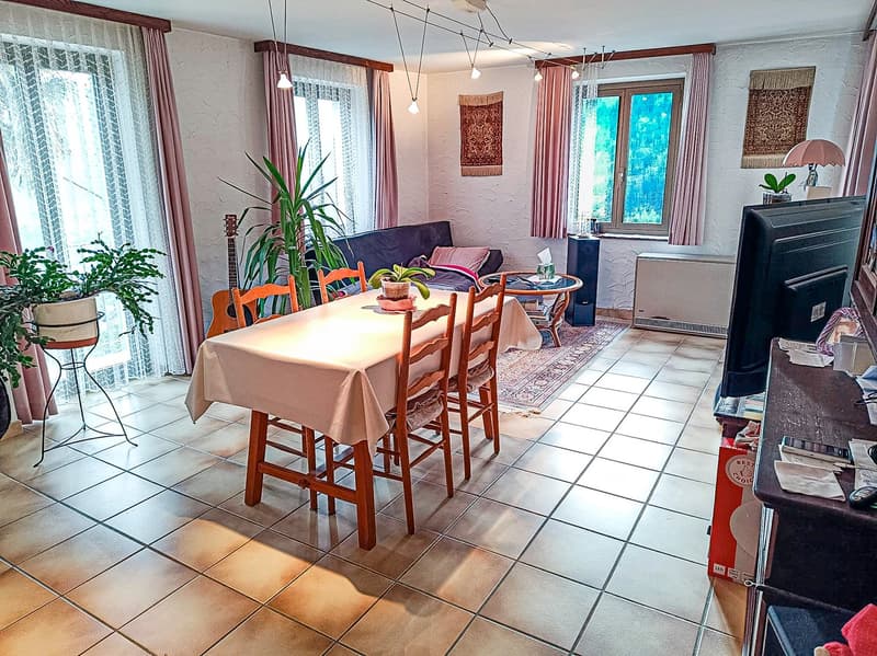 Spacious living room with tile flooring, large windows, pink curtains, wooden dining table and chairs, potted plant, and a guitar in the corner